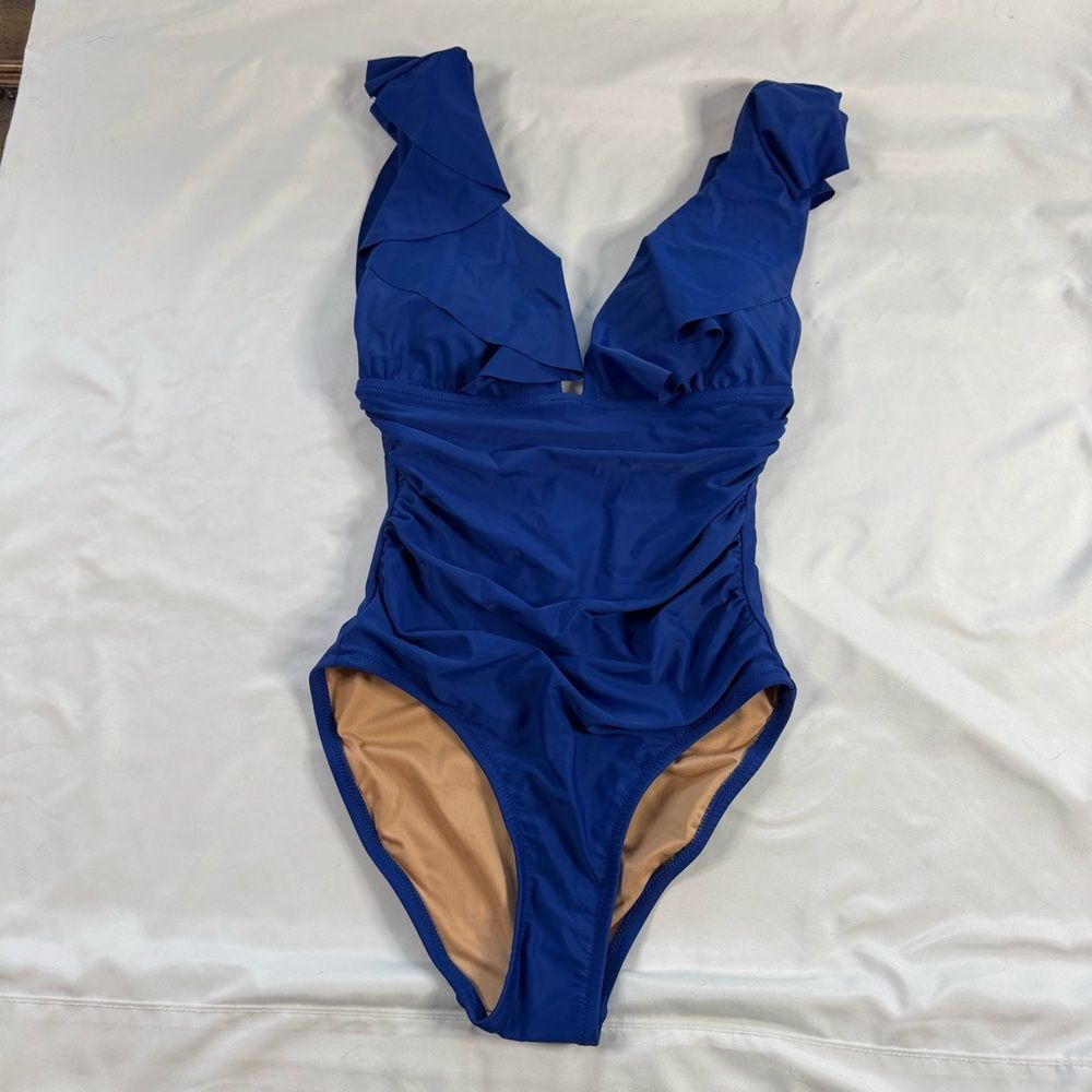 NWT J Crew Ruched Ruffle One Piece Swimsuit Blue Size 4 Preppy V Neck Flirty